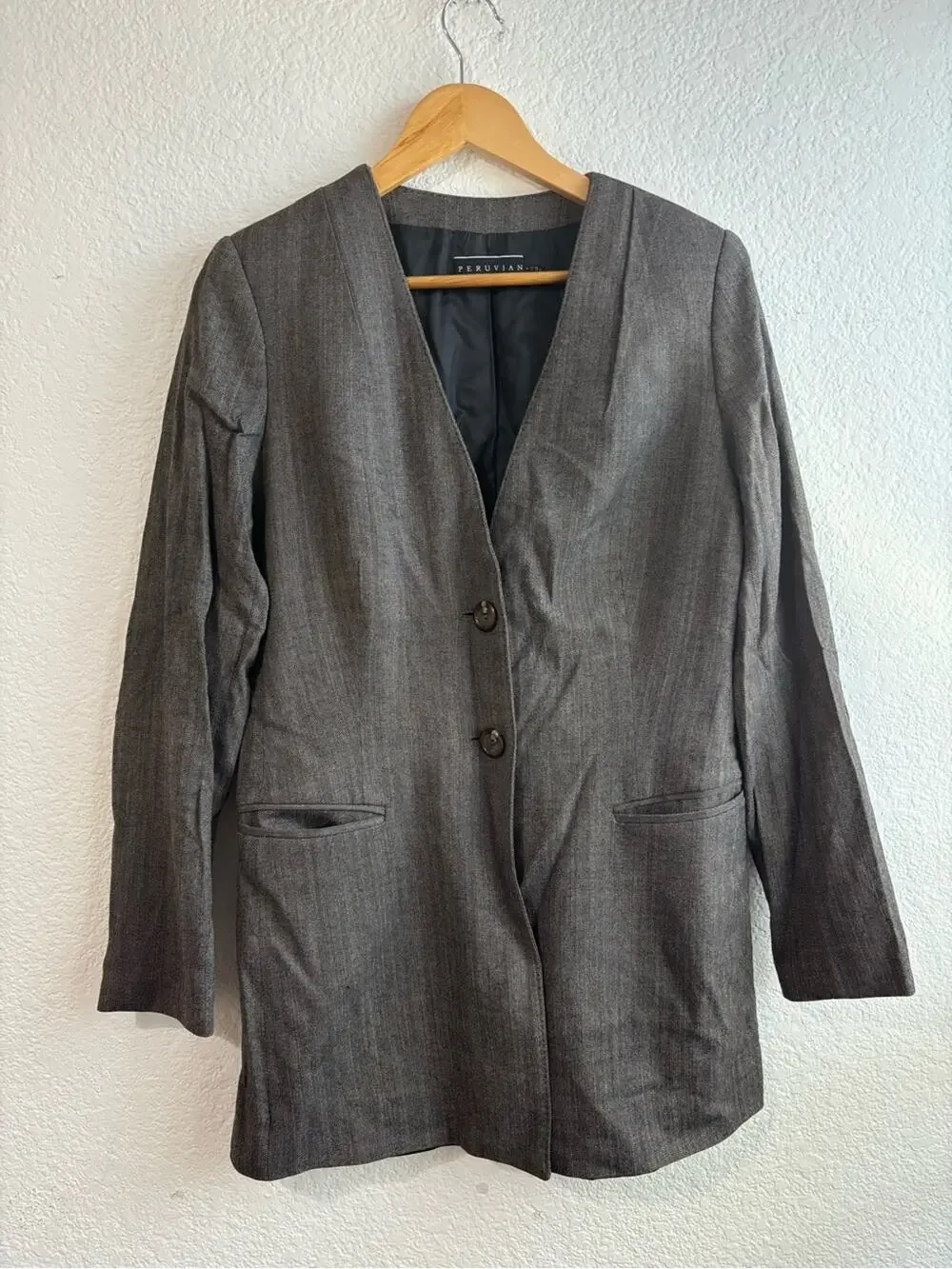Peruvian Connection Collarless Charcoal Gray Blazer Wool Blend Size 8